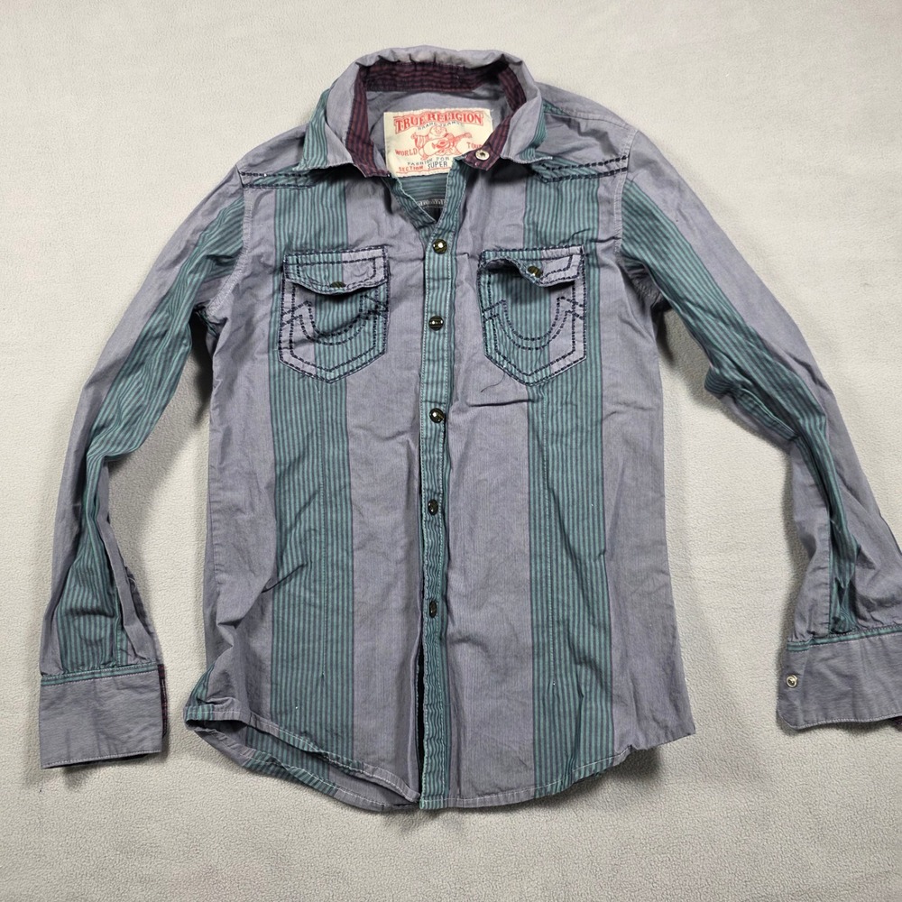 Vintage True Religion shirt Mens Small Grey Green Section Super T Striped